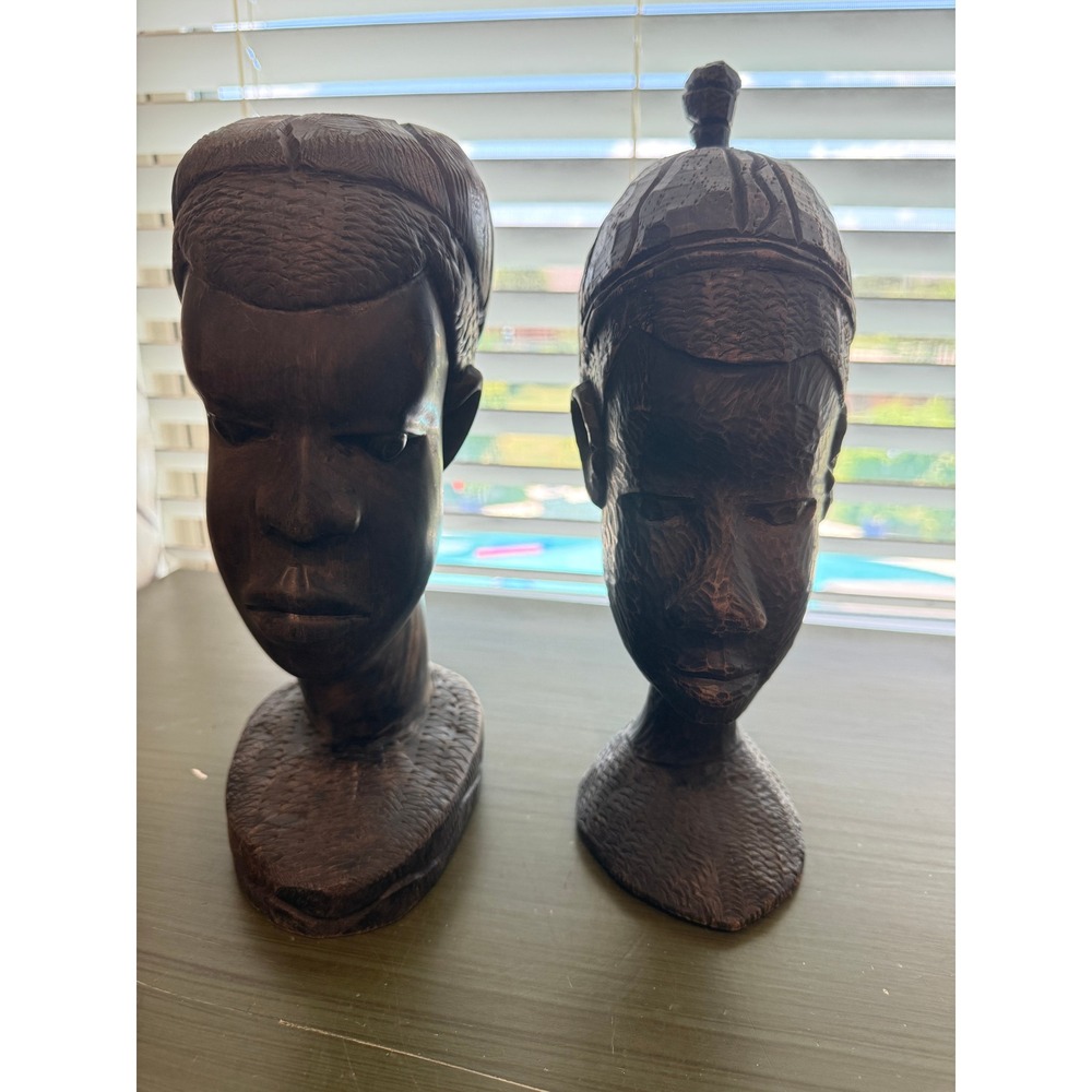 2 Vintage African Hand Carved Wood Bust Pair Male Female Tribal Sculptures 10 "